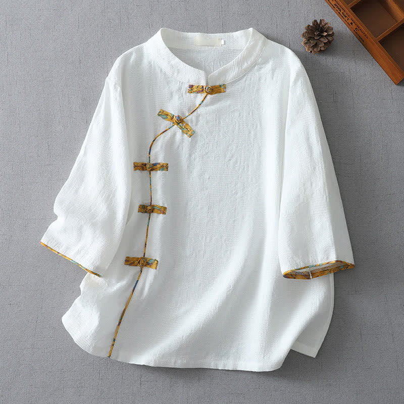 Buddha Stones Camicia da donna a maniche a tre quarti, stile estivo Tang, casual, con bottoni a rana, tinta unita. - Bianco - US8-10, UK/AU12-14, EU40-42 (2XL) - image 8