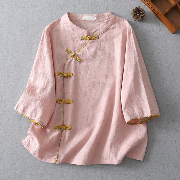 Buddha Stones Camicia da donna a maniche a tre quarti, stile estivo Tang, casual, con bottoni a rana, tinta unita. - Rosa chiaro - US8-10, UK/AU12-14, EU40-42 (2XL) - image 0