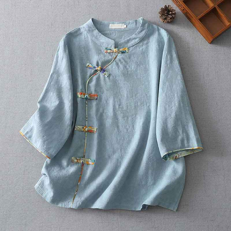 Buddha Stones Camicia da donna a maniche a tre quarti, stile estivo Tang, casual, con bottoni a rana, tinta unita. - Azzurro chiaro - US8-10, UK/AU12-14, EU40-42 (2XL) - image 4