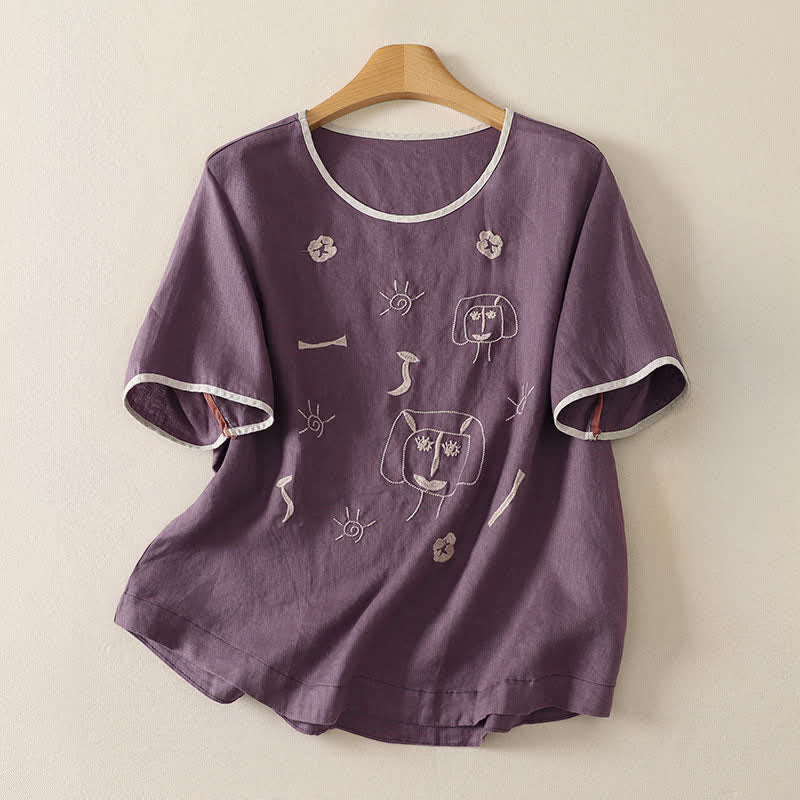 Buddha Stones T-shirt da donna a maniche corte, stile vintage, casual estivo, con ricamo astratto di girasoli e fiori. - Viola - US8-10, UK/AU12-14, EU40-42 (2XL) - image 0