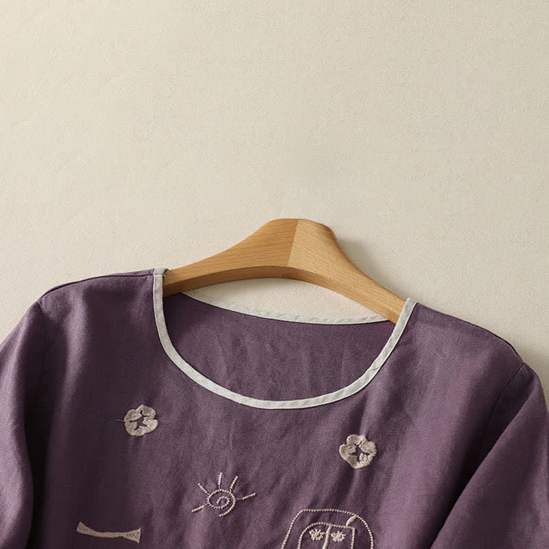 Buddha Stones T-shirt da donna a maniche corte, stile vintage, casual estivo, con ricamo astratto di girasoli e fiori. - image 1