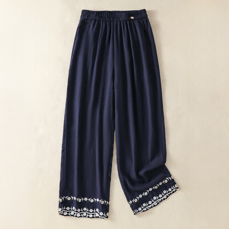 Buddha Stones Pantaloni corti estivi casual vintage con ricami floreali, modello a gamba dritta da donna con tasca. - Marina - US8-10, UK/AU12-14, EU40-42 (2XL) - image 1