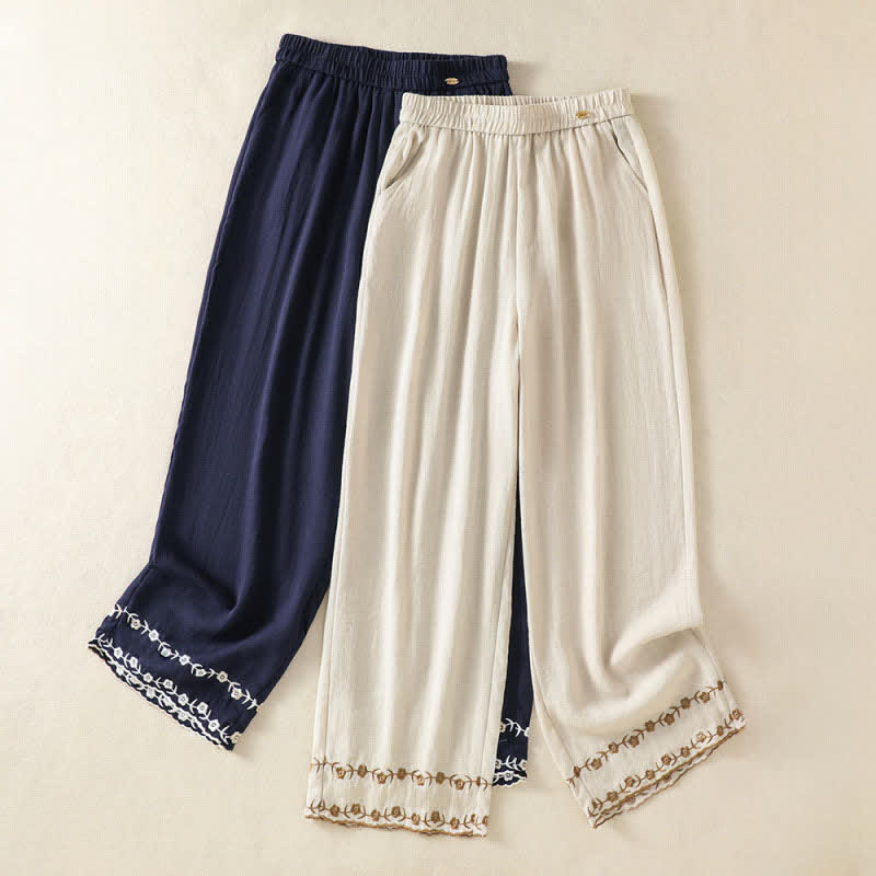 Buddha Stones Pantaloni corti estivi casual vintage con ricami floreali, modello a gamba dritta da donna con tasca. - image 0
