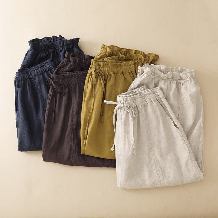 Buddha Stones Pantaloni corti estivi casual con coulisse, orlo a balze, pantaloni harem da donna con tasca - image 19