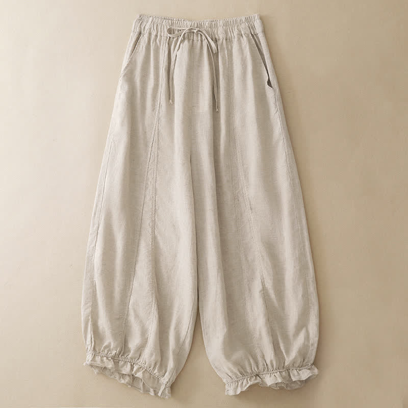 Buddha Stones Pantaloni corti estivi casual con coulisse, orlo a balze, pantaloni harem da donna con tasca - Beige - US8-10, UK/AU12-14, EU40-42 (2XL) - image 10