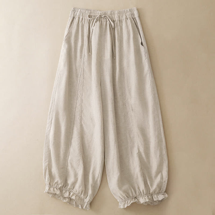 Buddha Stones Pantaloni corti estivi casual con coulisse, orlo a balze, pantaloni harem da donna con tasca - Beige - US8-10, UK/AU12-14, EU40-42 (2XL) - image 10