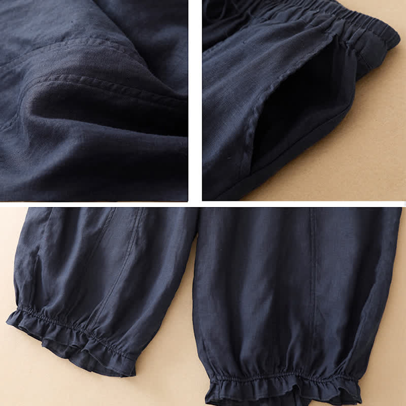 Buddha Stones Pantaloni corti estivi casual con coulisse, orlo a balze, pantaloni harem da donna con tasca - image 2