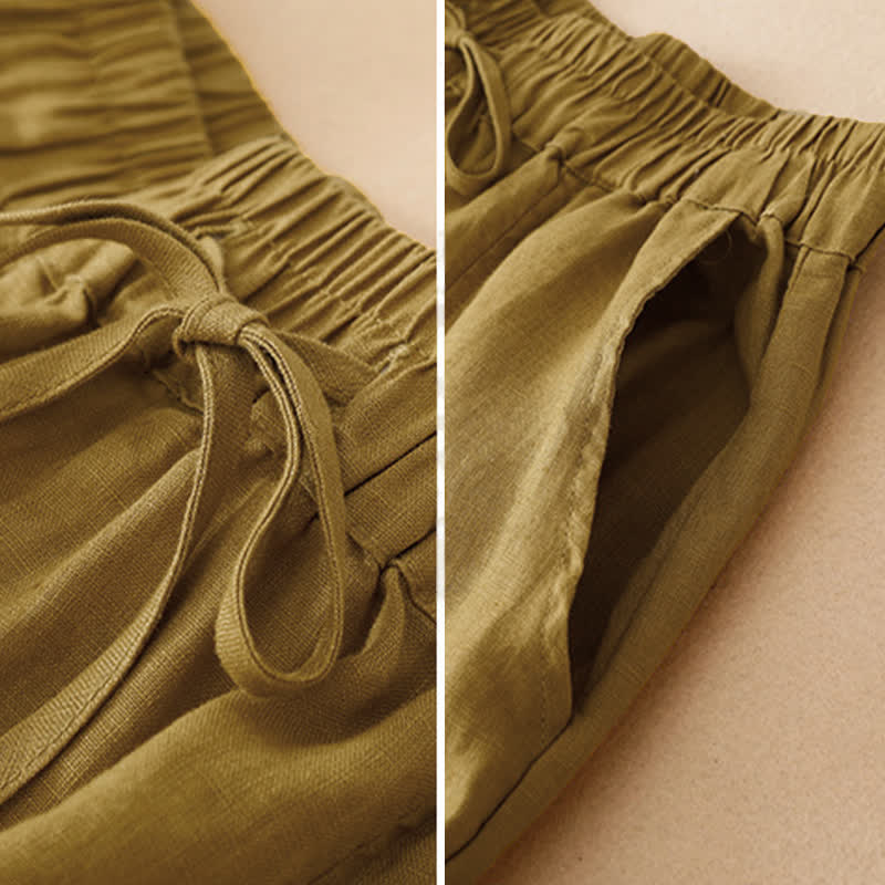 Buddha Stones Pantaloni corti estivi casual con coulisse, orlo a balze, pantaloni harem da donna con tasca - image 8