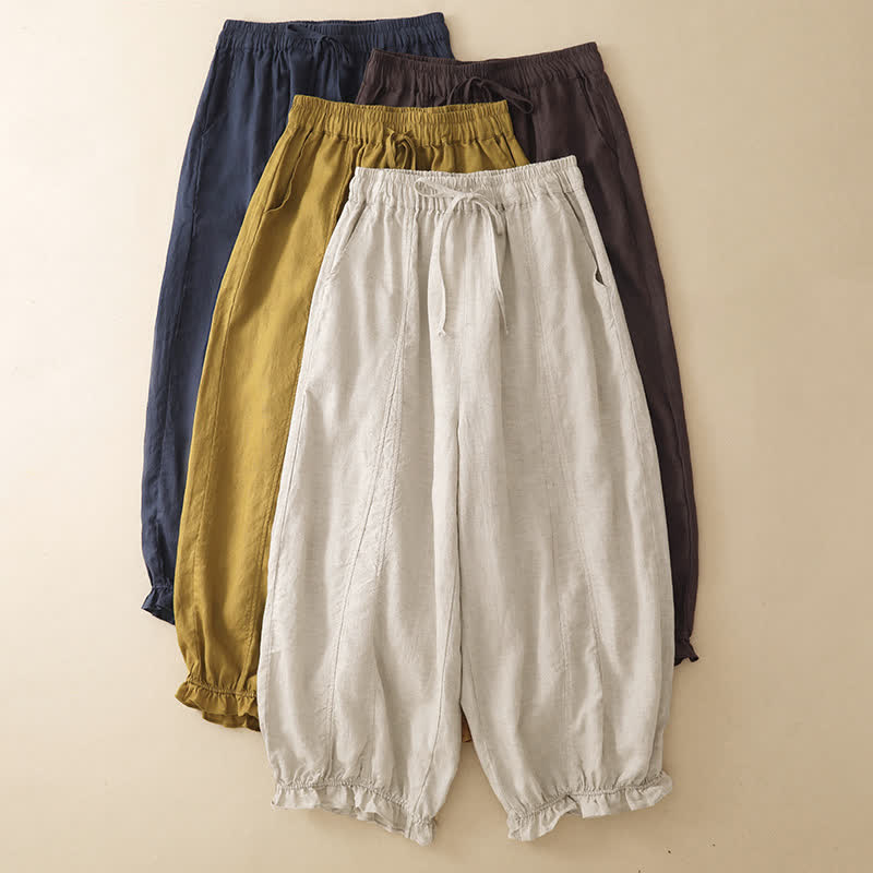 Buddha Stones Pantaloni corti estivi casual con coulisse, orlo a balze, pantaloni harem da donna con tasca - image 18