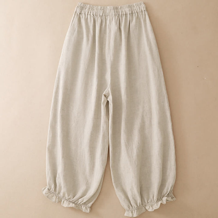 Buddha Stones Pantaloni corti estivi casual con coulisse, orlo a balze, pantaloni harem da donna con tasca - image 11