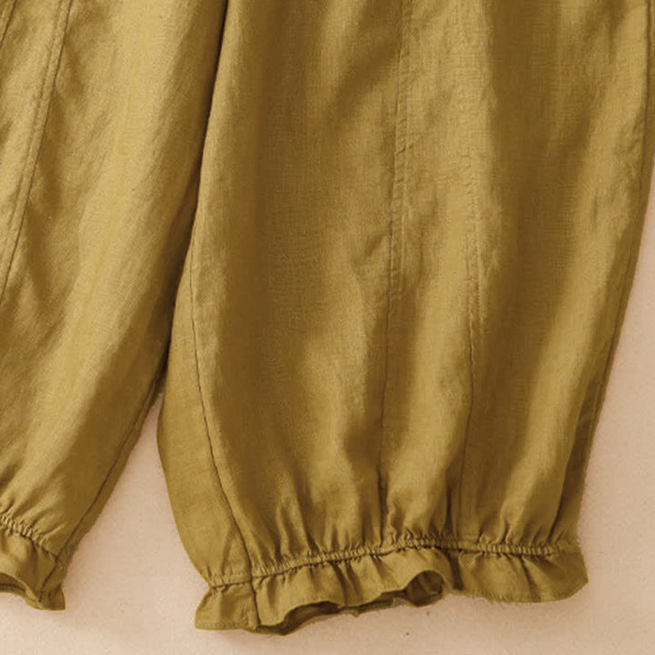 Buddha Stones Pantaloni corti estivi casual con coulisse, orlo a balze, pantaloni harem da donna con tasca - image 9