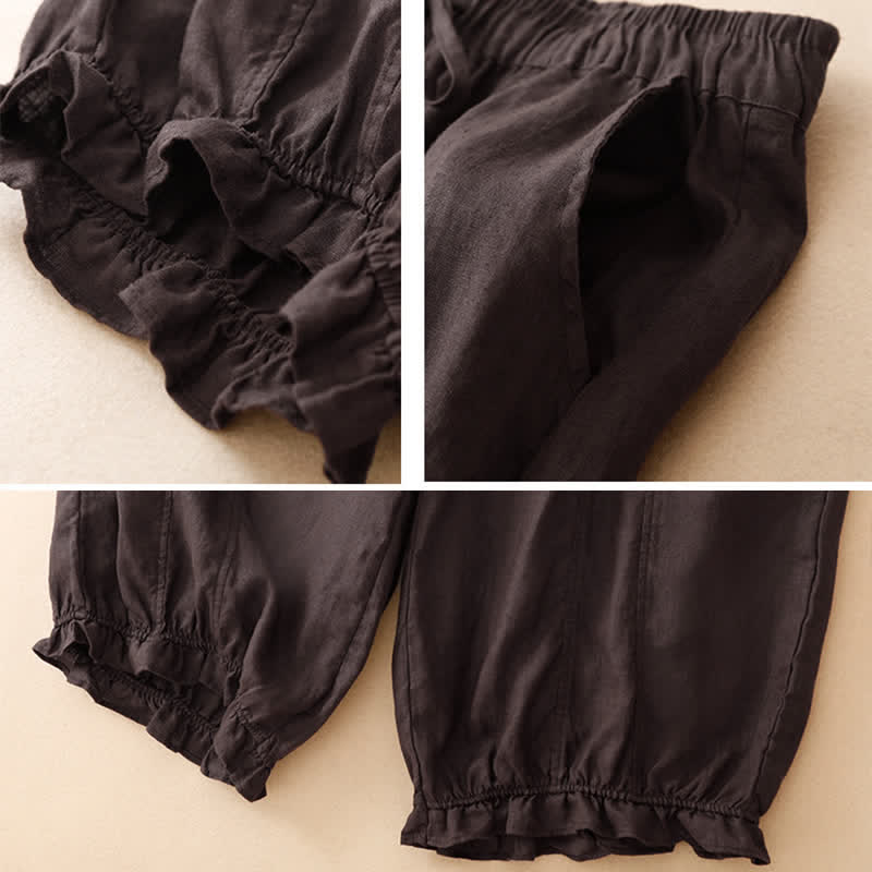 Buddha Stones Pantaloni corti estivi casual con coulisse, orlo a balze, pantaloni harem da donna con tasca - image 5