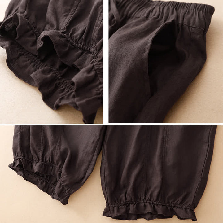 Buddha Stones Pantaloni corti estivi casual con coulisse, orlo a balze, pantaloni harem da donna con tasca - image 5