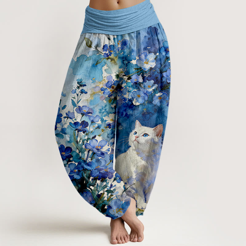 Buddha Stones Pantaloni harem da donna in puro cotone con fantasia floreale e gatti bianchi, con elastico in vita. - Azzurro cielo chiaro - US16, UK/AU20, EU48 (3XL) - image 0
