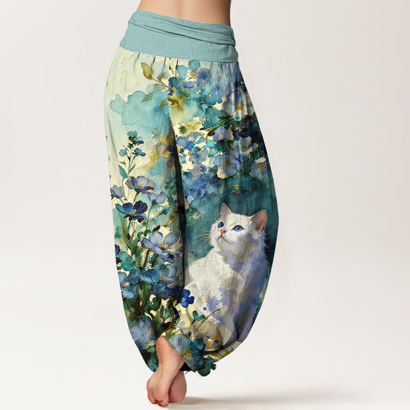 Buddha Stones Pantaloni harem da donna in puro cotone con fantasia floreale e gatti bianchi, con elastico in vita. - image 6