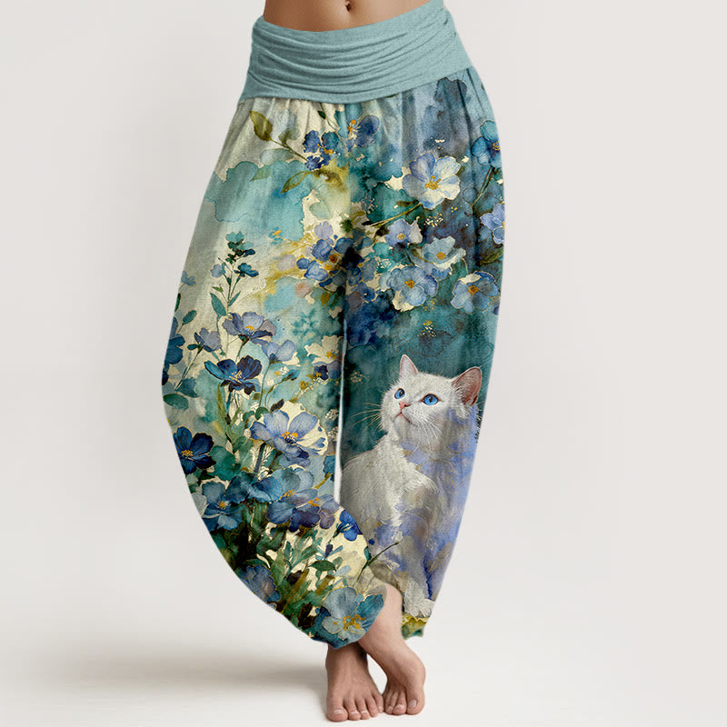 Buddha Stones Pantaloni harem da donna in puro cotone con fantasia floreale e gatti bianchi, con elastico in vita. - Verde acqua - US16, UK/AU20, EU48 (3XL) - image 5