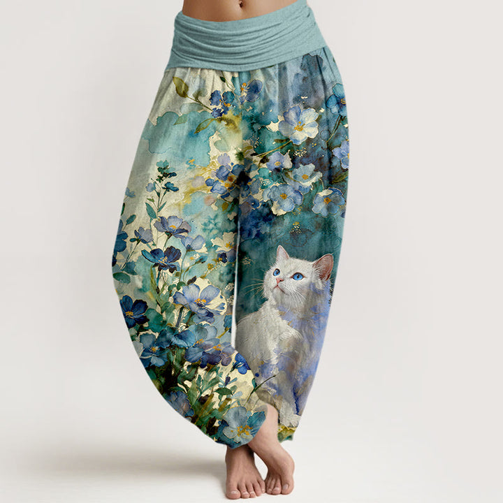Buddha Stones Pantaloni harem da donna in puro cotone con fantasia floreale e gatti bianchi, con elastico in vita. - Verde acqua - US16, UK/AU20, EU48 (3XL) - image 5