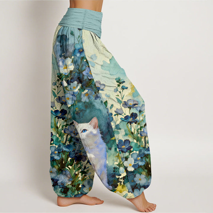 Buddha Stones Pantaloni harem da donna in puro cotone con fantasia floreale e gatti bianchi, con elastico in vita. - image 7