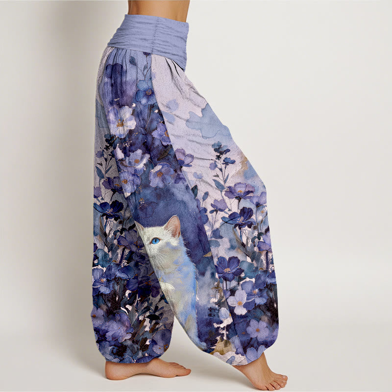 Buddha Stones Pantaloni harem da donna in puro cotone con fantasia floreale e gatti bianchi, con elastico in vita. - image 10