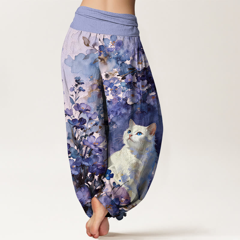 Buddha Stones Pantaloni harem da donna in puro cotone con fantasia floreale e gatti bianchi, con elastico in vita. - image 9