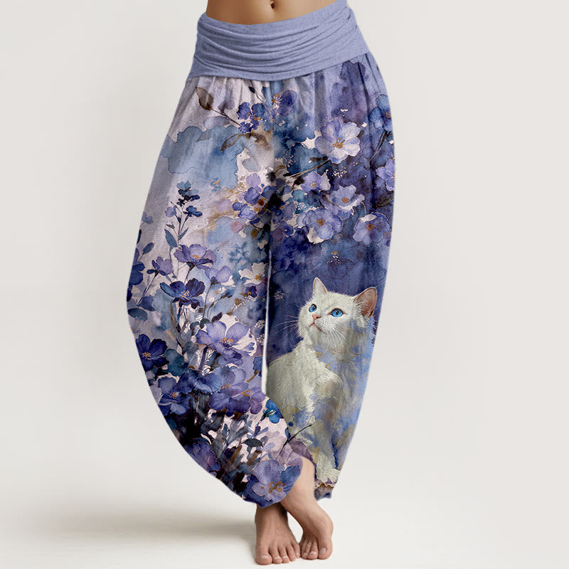 Buddha Stones Pantaloni harem da donna in puro cotone con fantasia floreale e gatti bianchi, con elastico in vita. - Viola medio - US16, UK/AU20, EU48 (3XL) - image 8