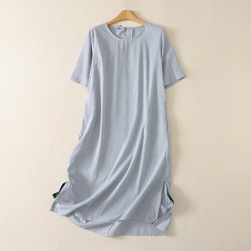 Buddha Stones Abito estivo casual semplice da donna a maniche corte con spacco laterale e righe, con tasca. - Azzurro chiaro - US14, UK/AU18, EU46 (2XL) - image 0