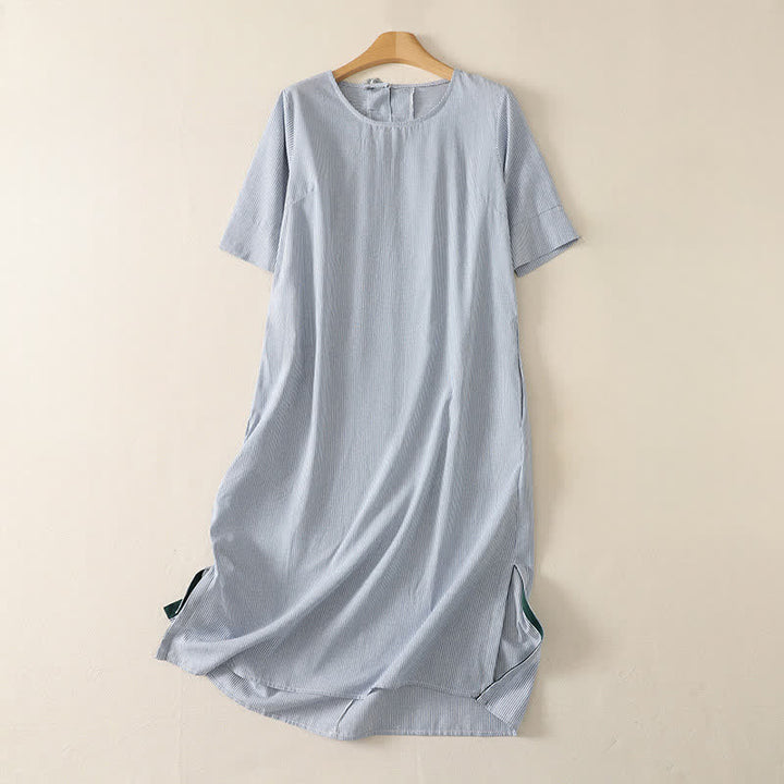 Buddha Stones Abito estivo casual semplice da donna a maniche corte con spacco laterale e righe, con tasca. - Azzurro chiaro - US14, UK/AU18, EU46 (2XL) - image 0