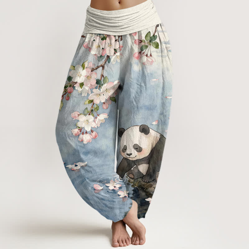 Buddha Stones Pantaloni harem da donna in puro cotone con motivo panda e fiori di ciliegio, con elastico in vita. - Blu acciaio chiaro - US16, UK/AU20, EU48 (3XL) - image 0