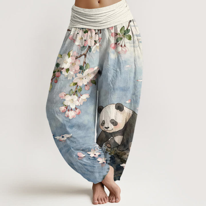 Buddha Stones Pantaloni harem da donna in puro cotone con motivo panda e fiori di ciliegio, con elastico in vita. - Blu acciaio chiaro - US16, UK/AU20, EU48 (3XL) - image 0