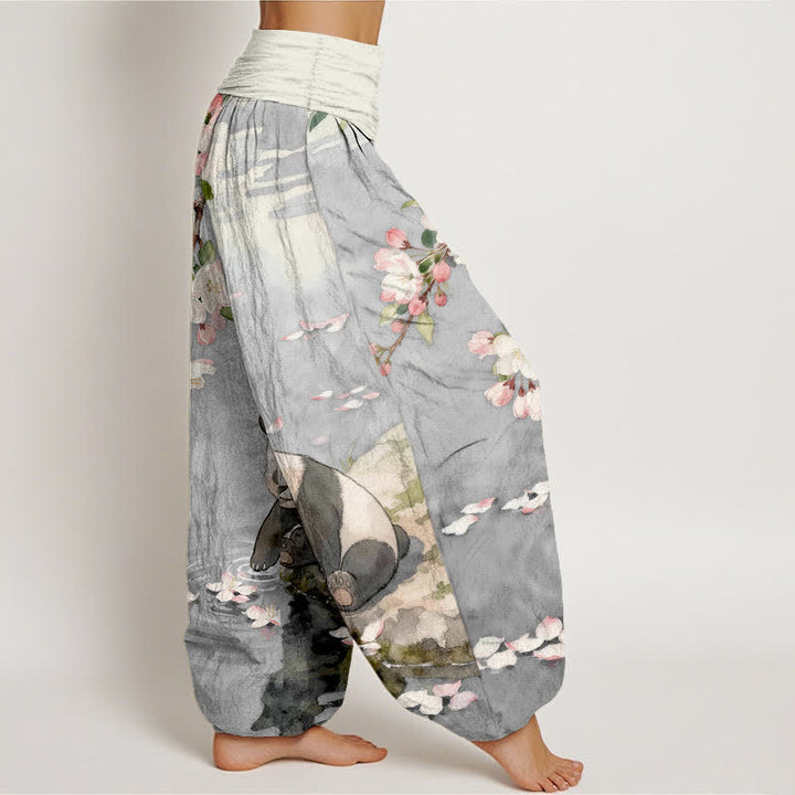 Buddha Stones Pantaloni harem da donna in puro cotone con motivo panda e fiori di ciliegio, con elastico in vita. - image 7