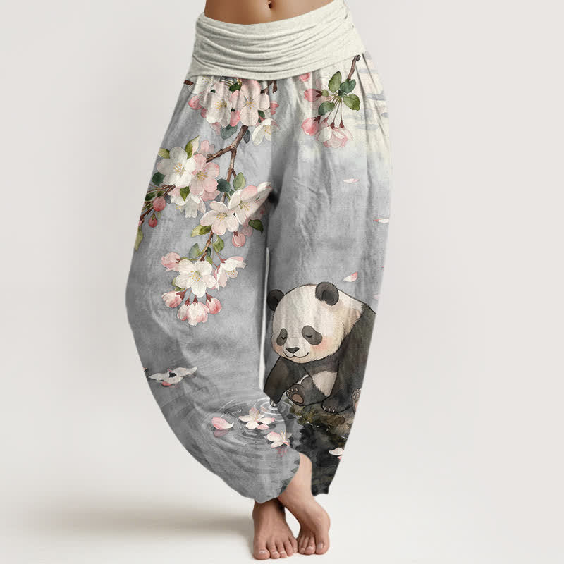 Buddha Stones Pantaloni harem da donna in puro cotone con motivo panda e fiori di ciliegio, con elastico in vita. - Grigio chiaro - US16, UK/AU20, EU48 (3XL) - image 5