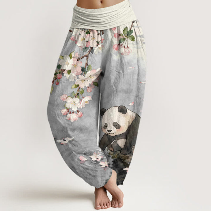 Buddha Stones Pantaloni harem da donna in puro cotone con motivo panda e fiori di ciliegio, con elastico in vita. - Grigio chiaro - US16, UK/AU20, EU48 (3XL) - image 5