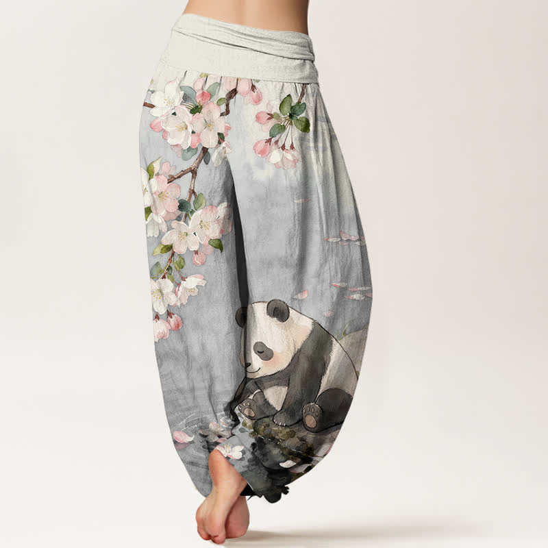 Buddha Stones Pantaloni harem da donna in puro cotone con motivo panda e fiori di ciliegio, con elastico in vita. - image 6