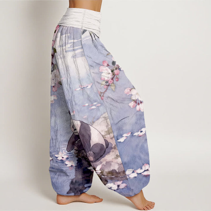 Buddha Stones Pantaloni harem da donna in puro cotone con motivo panda e fiori di ciliegio, con elastico in vita. - image 10