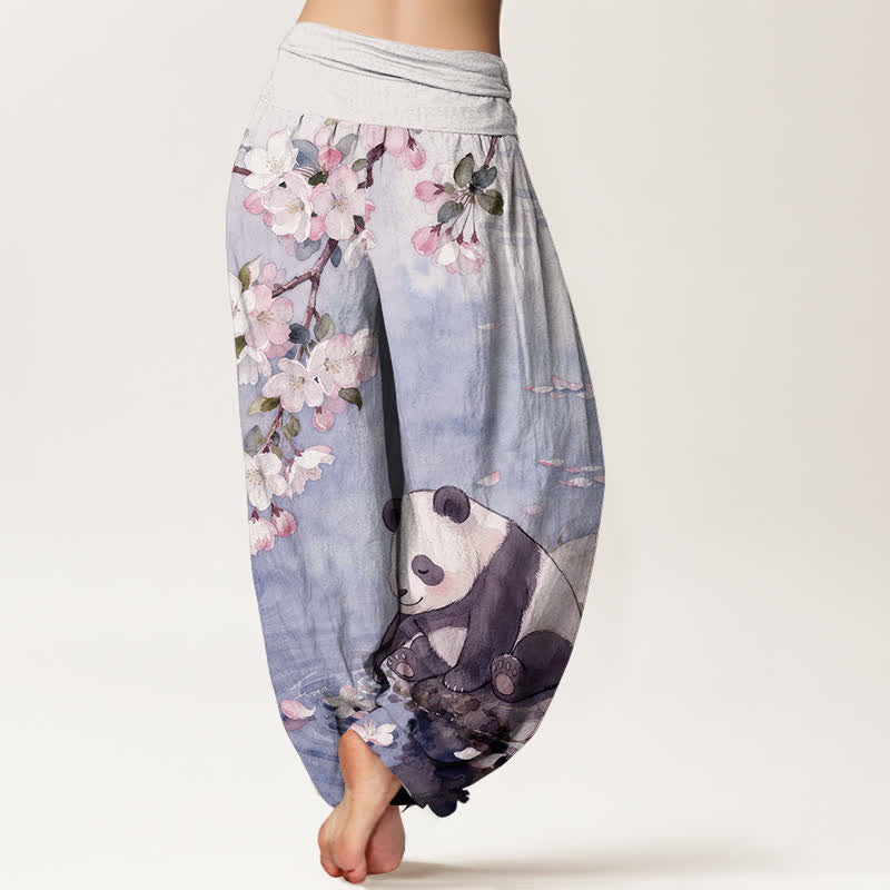 Buddha Stones Pantaloni harem da donna in puro cotone con motivo panda e fiori di ciliegio, con elastico in vita. - image 9