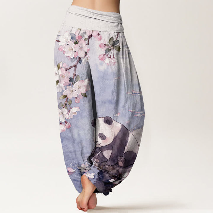 Buddha Stones Pantaloni harem da donna in puro cotone con motivo panda e fiori di ciliegio, con elastico in vita. - image 9