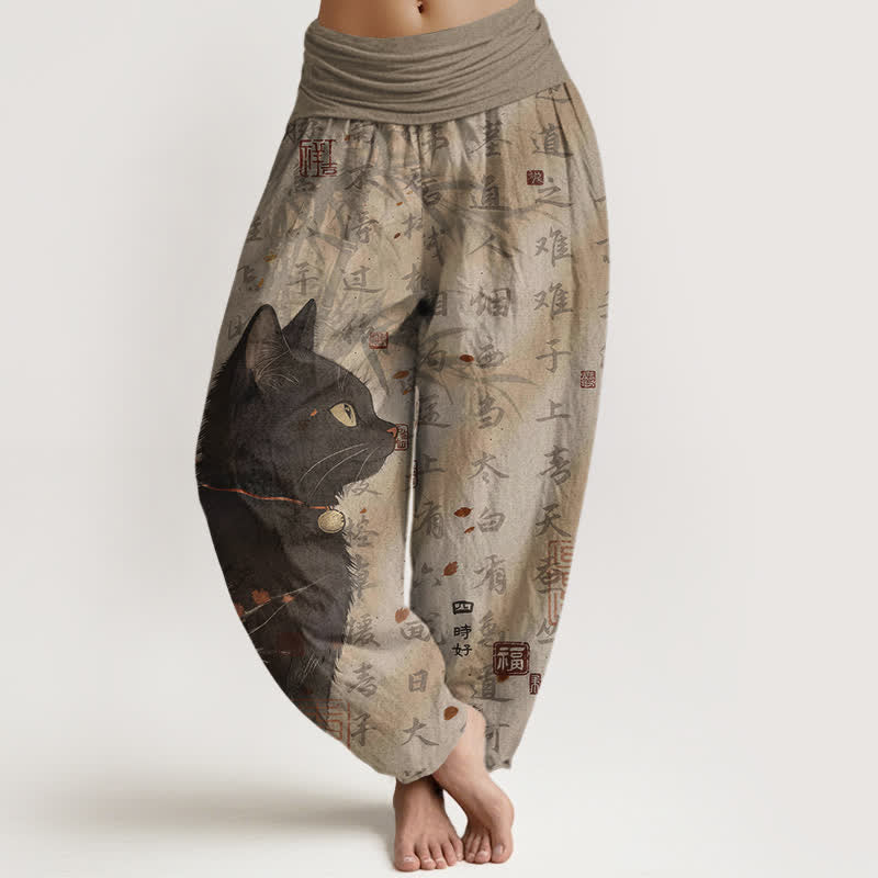 Buddha Stones Pantaloni harem da donna in puro cotone con elastico in vita e fantasia a calligrafia di gatti neri. - Tan - US16, UK/AU20, EU48 (3XL) - image 0