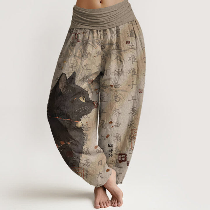 Buddha Stones Pantaloni harem da donna in puro cotone con elastico in vita e fantasia a calligrafia di gatti neri. - Tan - US16, UK/AU20, EU48 (3XL) - image 0