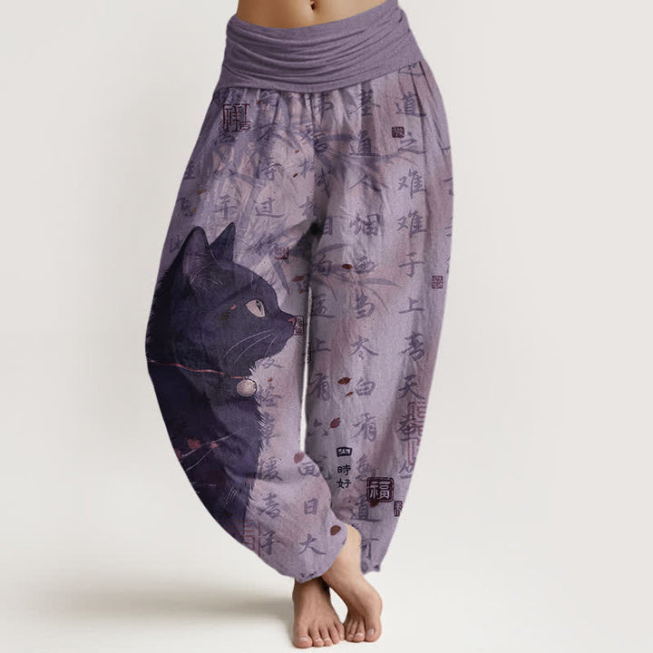 Buddha Stones Pantaloni harem da donna in puro cotone con elastico in vita e fantasia a calligrafia di gatti neri. - Orchidea media - US16, UK/AU20, EU48 (3XL) - image 5