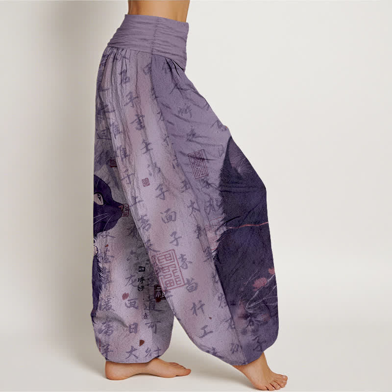 Buddha Stones Pantaloni harem da donna in puro cotone con elastico in vita e fantasia a calligrafia di gatti neri. - image 7