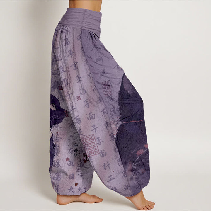Buddha Stones Pantaloni harem da donna in puro cotone con elastico in vita e fantasia a calligrafia di gatti neri. - image 7