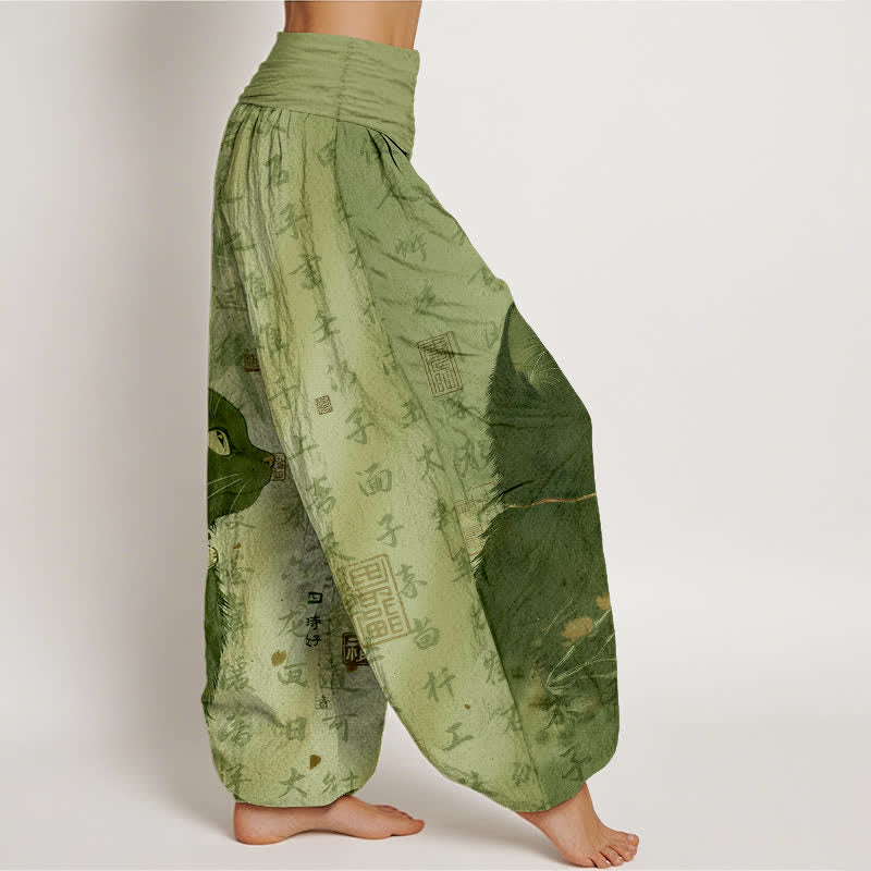 Buddha Stones Pantaloni harem da donna in puro cotone con elastico in vita e fantasia a calligrafia di gatti neri. - image 10