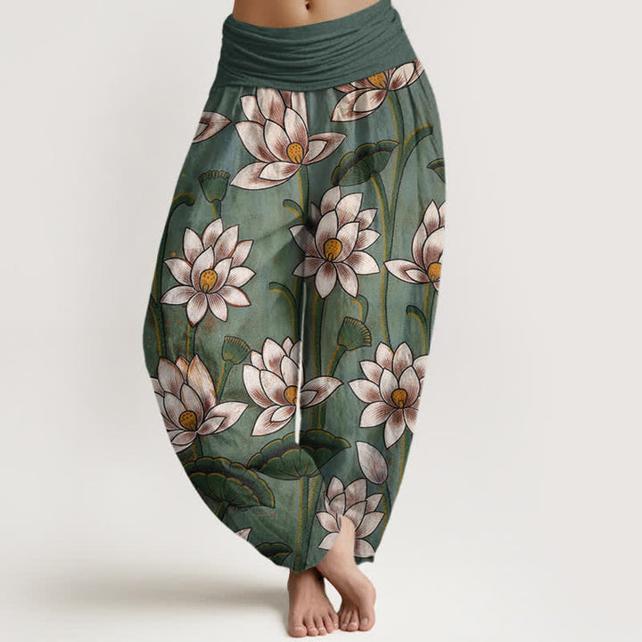 Buddha Stones Pantaloni harem da donna in puro cotone con motivo a fiori di loto e vita elasticizzata. - Verde Mare Chiaro - US16, UK/AU20, EU48 (3XL) - image 0