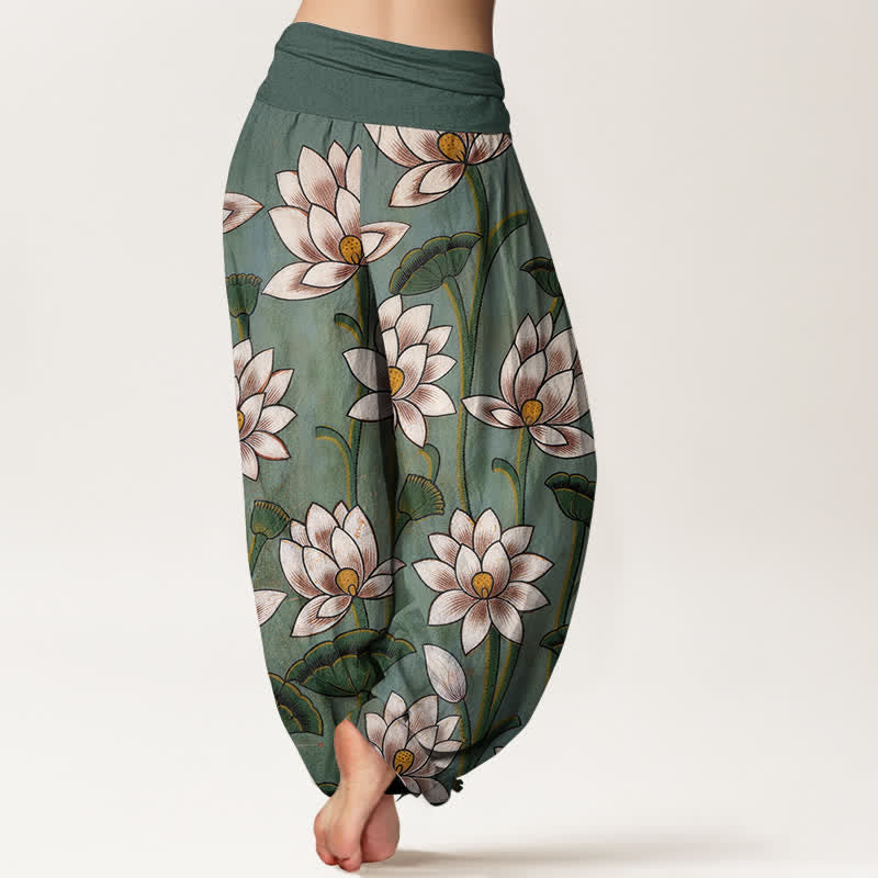 Buddha Stones Pantaloni harem da donna in puro cotone con motivo a fiori di loto e vita elasticizzata. - image 2
