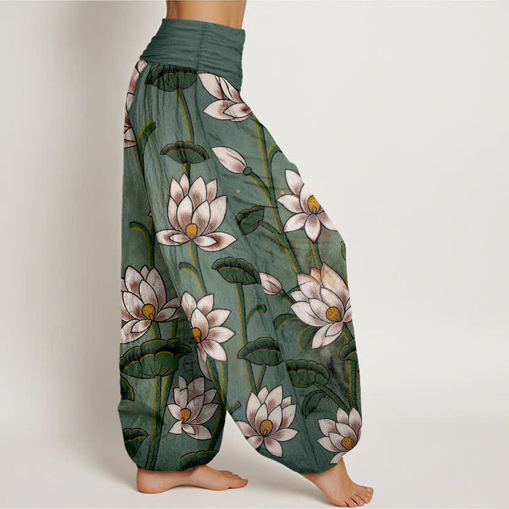 Buddha Stones Pantaloni harem da donna in puro cotone con motivo a fiori di loto e vita elasticizzata. - image 1