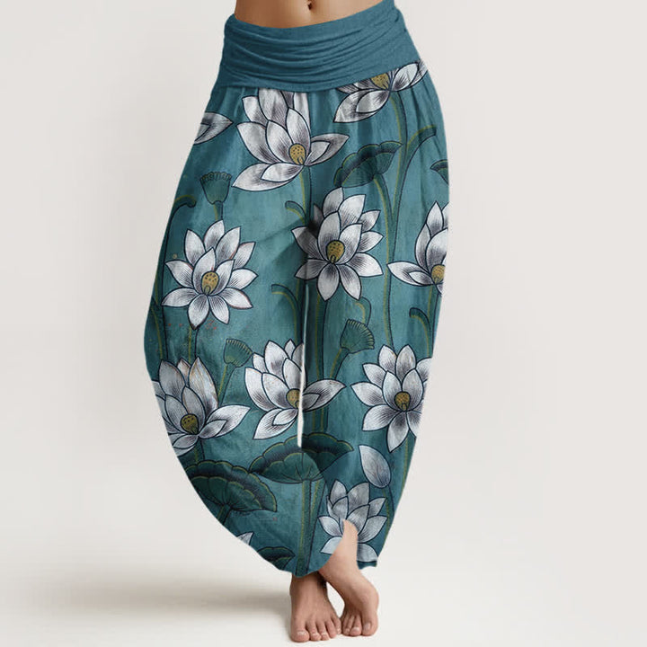 Buddha Stones Pantaloni harem da donna in puro cotone con motivo a fiori di loto e vita elasticizzata. - SteelBlue - US16, UK/AU20, EU48 (3XL) - image 5