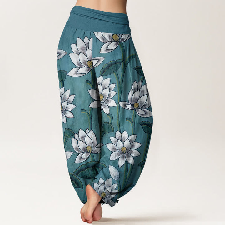 Buddha Stones Pantaloni harem da donna in puro cotone con motivo a fiori di loto e vita elasticizzata. - image 6