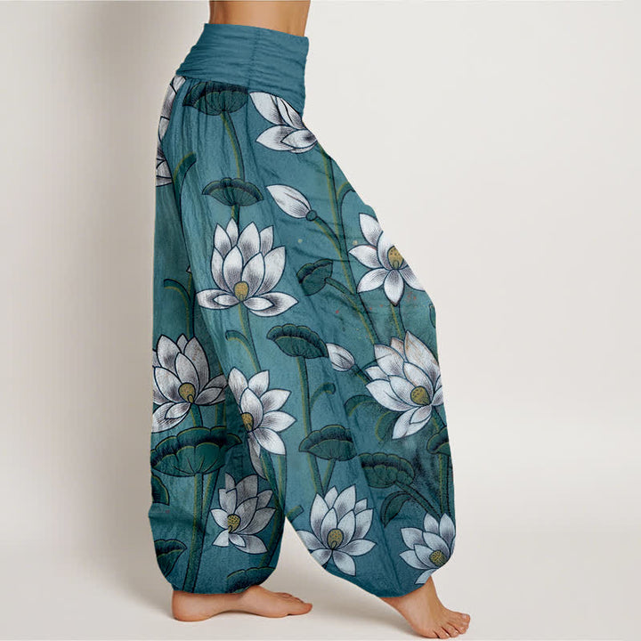 Buddha Stones Pantaloni harem da donna in puro cotone con motivo a fiori di loto e vita elasticizzata. - image 7