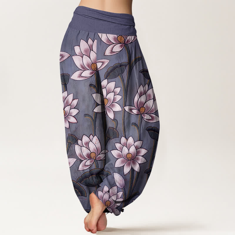 Buddha Stones Pantaloni harem da donna in puro cotone con motivo a fiori di loto e vita elasticizzata. - image 10