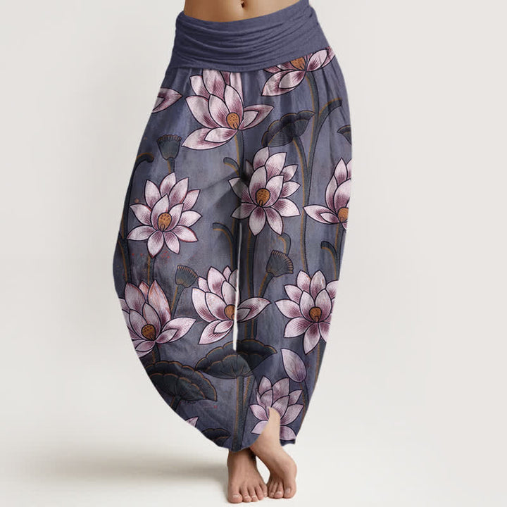 Buddha Stones Pantaloni harem da donna in puro cotone con motivo a fiori di loto e vita elasticizzata. - Orchidea scura - US16, UK/AU20, EU48 (3XL) - image 8